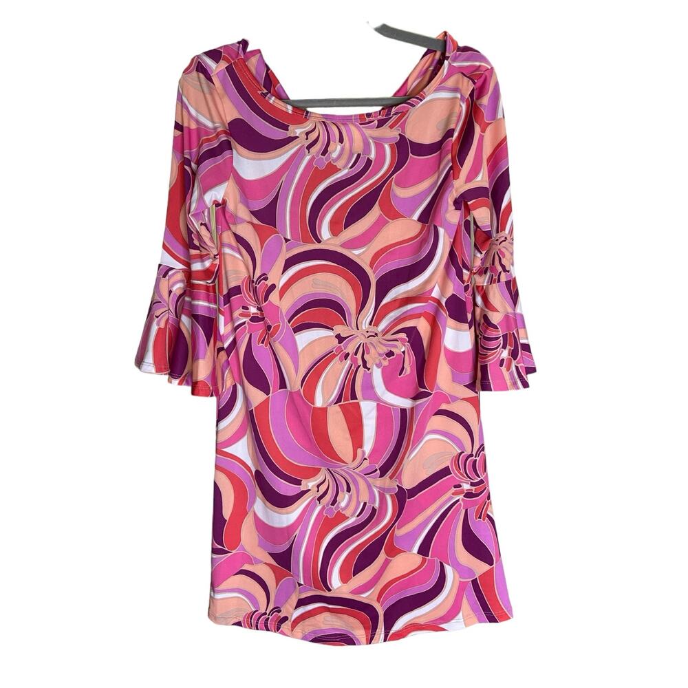Trina Turk Mini Dress Bell Sleeve Draped Back Abstract Dahlia Groovy Retro S